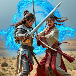 Young Asian woman with brown hair and skin, wearing a silver armor adorned with sapphire inlays, wielding a medieval sword, engaged in a sword duel with an adult Asian woman dressed in traditional Mongolian attire and an empress hairstyle, holding a katana