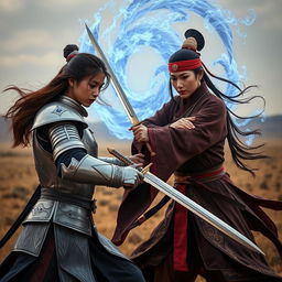 Young Asian woman with brown hair and skin, wearing a silver armor adorned with sapphire inlays, wielding a medieval sword, engaged in a sword duel with an adult Asian woman dressed in traditional Mongolian attire and an empress hairstyle, holding a katana