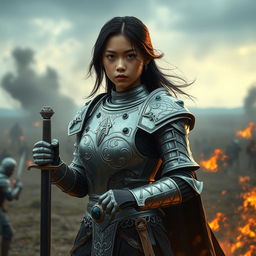 A young Asian woman with neck-length black hair and tan skin, wearing a silver armor adorned with sapphire inlays