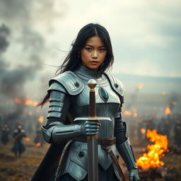 A young Asian woman with neck-length black hair and tan skin, wearing a silver armor adorned with sapphire inlays