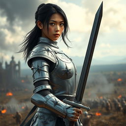 A young Asian woman with neck-length black hair and tan skin, wearing a silver armor adorned with sapphire inlays