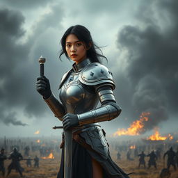 A young Asian woman with neck-length black hair and tan skin, wearing a silver armor adorned with sapphire inlays