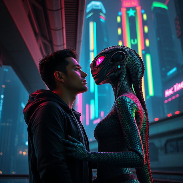 A romantic scene in a sci-fi movie setting featuring a human man and a half-lizard, half-alien woman