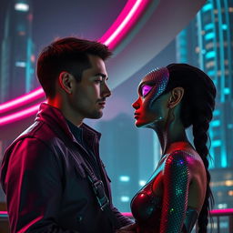 A romantic scene in a sci-fi movie setting featuring a human man and a half-lizard, half-alien woman