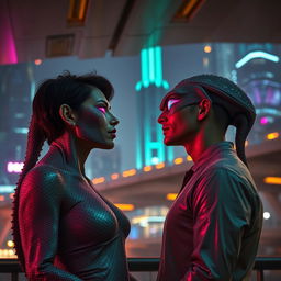 A romantic scene in a sci-fi movie setting featuring a human man and a half-lizard, half-alien woman