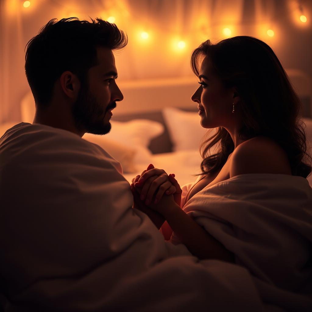 An artistic portrayal of a romantic and intimate scene between a man and a woman