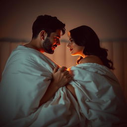 An artistic portrayal of a romantic and intimate scene between a man and a woman