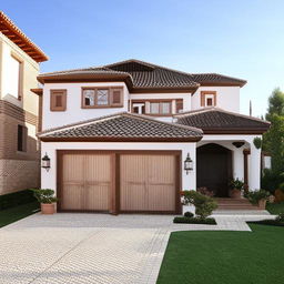 A 20 marla Spanish home design, adorned with classic Spanish architectural elements like red tile roofs, white stucco walls, and elaborate wrought-iron details.