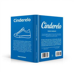 Book cover design featuring an outlined white sneaker on a blue background, titled 'Cinderelo'