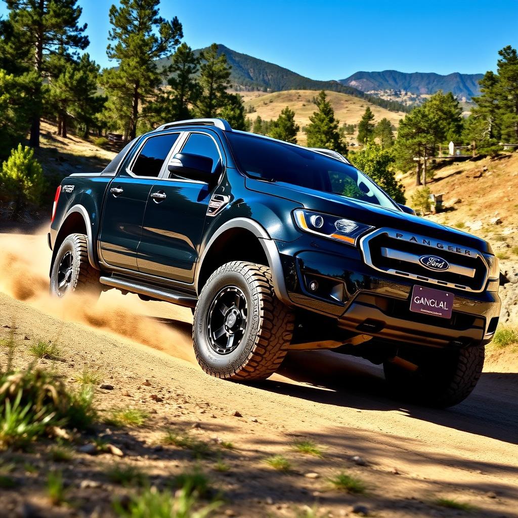 A rugged black Ford Ranger pickup with oversized tires driving on an unpaved road in a scenic outdoor environment