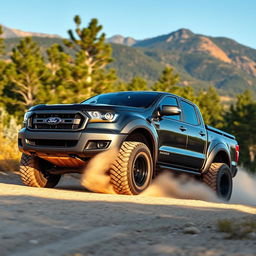 A rugged black Ford Ranger pickup with oversized tires driving on an unpaved road in a scenic outdoor environment