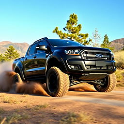 A rugged black Ford Ranger pickup with oversized tires driving on an unpaved road in a scenic outdoor environment