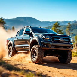 A rugged black Ford Ranger pickup with oversized tires driving on an unpaved road in a scenic outdoor environment