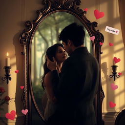 A romantic couple gazing into each other's eyes, reflected in a large ornate mirror while embracing