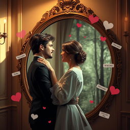 A romantic couple gazing into each other's eyes, reflected in a large ornate mirror while embracing