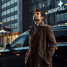 A detective wearing a classic trench coat stands next to a sleek black SUV