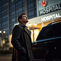 A detective wearing a classic trench coat stands next to a sleek black SUV