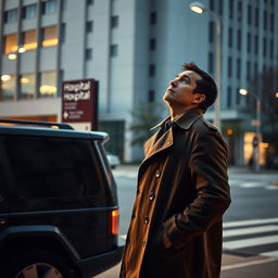 A detective wearing a classic trench coat stands next to a sleek black SUV