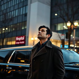 A detective wearing a classic trench coat stands next to a sleek black SUV