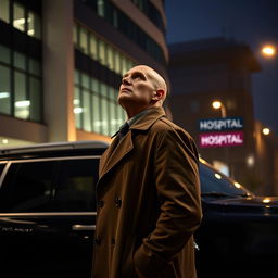 A bald detective wearing a classic trench coat stands next to a sleek black SUV