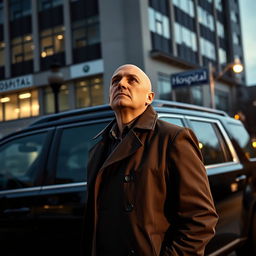 A bald detective wearing a classic trench coat stands next to a sleek black SUV