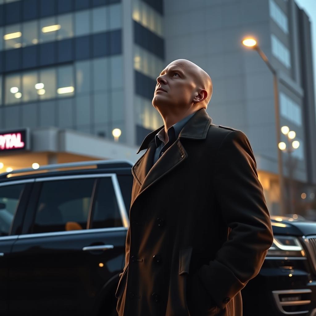 A bald detective wearing a classic trench coat stands next to a sleek black SUV