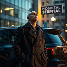 A bald detective wearing a classic trench coat stands next to a sleek black SUV