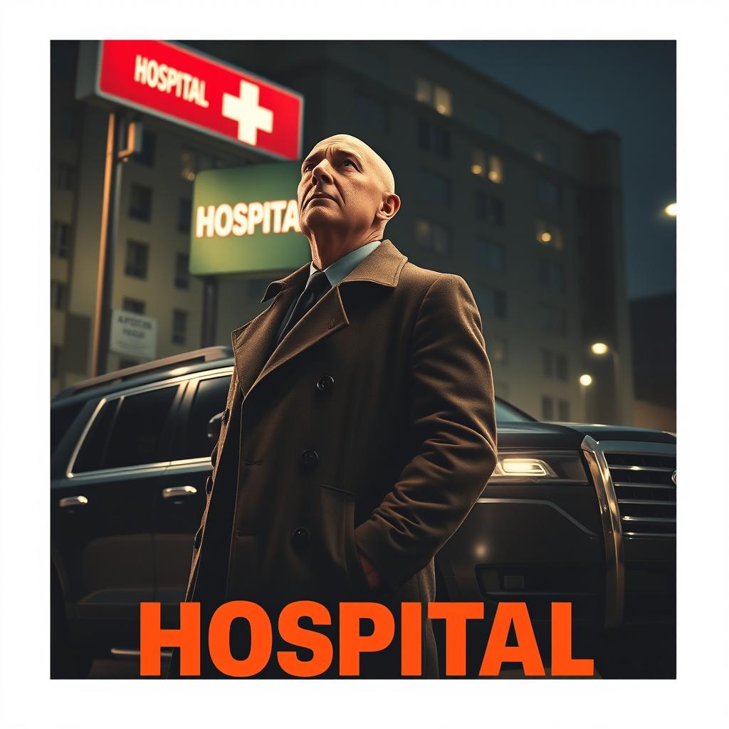 Movie poster featuring a bald detective wearing a classic trench coat, standing next to a sleek black SUV