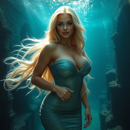 A beautiful and sexy blonde 25-year-old Atlantis princess with a curvaceous figure, exuding elegance and charm underwater