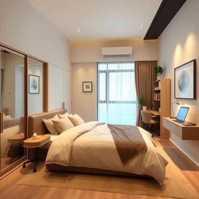 A cozy and modern matrimonial bedroom measuring 4m x 3m, featuring an integrated wardrobe and a stylish study area