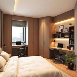 A cozy and modern matrimonial bedroom measuring 4m x 3m, featuring an integrated wardrobe and a stylish study area