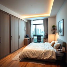 A cozy and modern matrimonial bedroom measuring 4m x 3m, featuring an integrated wardrobe and a stylish study area