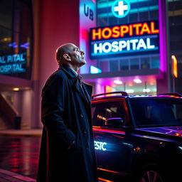 A cinematic movie poster featuring a bald detective in a classic trench coat standing next to a sleek black SUV