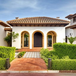 A 20 marla Spanish home design, adorned with classic Spanish architectural elements like red tile roofs, white stucco walls, and elaborate wrought-iron details.