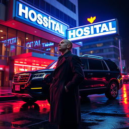 A cinematic movie poster featuring a bald detective in a classic trench coat standing next to a sleek black SUV