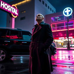 A cinematic movie poster featuring a bald detective in a classic trench coat standing next to a sleek black SUV