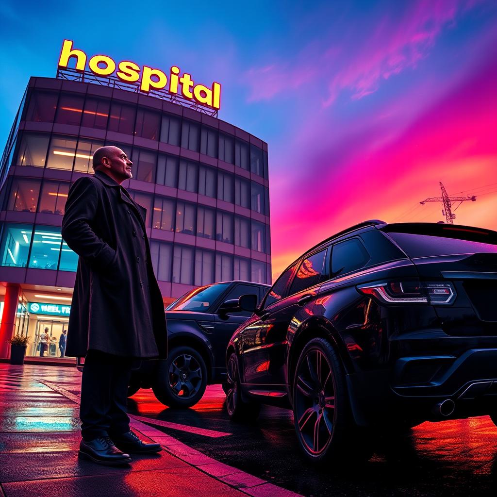 A panoramic cinematic movie poster featuring a bald detective in a classic trench coat standing next to a sleek black SUV