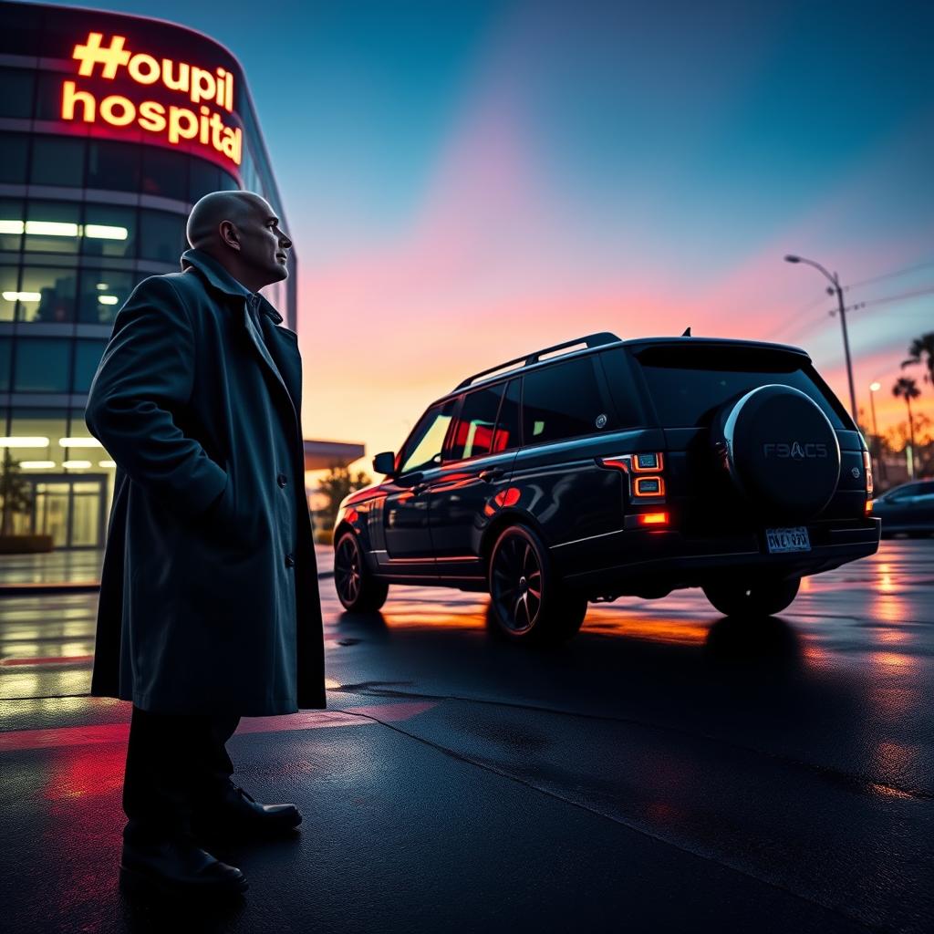 A panoramic cinematic movie poster featuring a bald detective in a classic trench coat standing next to a sleek black SUV