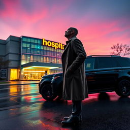 A panoramic cinematic movie poster featuring a bald detective in a classic trench coat standing next to a sleek black SUV