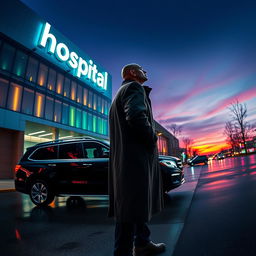 A panoramic cinematic movie poster featuring a bald detective in a classic trench coat standing next to a sleek black SUV