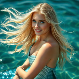 A stunning 25-year-old Scandinavian mermaid with flowing blonde hair, exuding beauty and allure