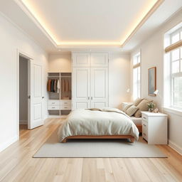 A 15 square meter master bedroom design featuring a built-in closet and a study area