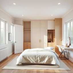 A 15 square meter master bedroom design featuring a built-in closet and a study area