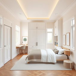 A 15 square meter master bedroom design featuring a built-in closet and a study area