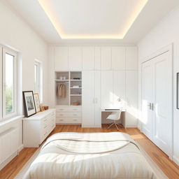 A 15 square meter master bedroom design featuring a built-in closet and a study area