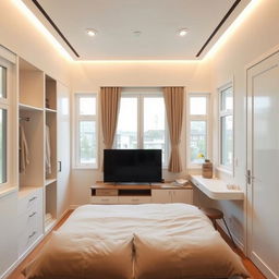 A cozy and modern 15 square meter matrimonial bedroom design featuring a built-in wardrobe and a study area