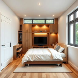 A cozy and modern 15 square meter matrimonial bedroom design featuring a built-in wardrobe and a study area