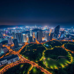 aerial view of the city of Plana, showcasing modern skyscrapers and vibrant city lights at night, surrounded by lush green parks and waterways, with a clear starry sky above