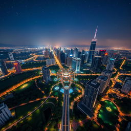 aerial view of the city of Plana, showcasing modern skyscrapers and vibrant city lights at night, surrounded by lush green parks and waterways, with a clear starry sky above