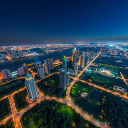 aerial view of the city of Plana, showcasing modern skyscrapers and vibrant city lights at night, surrounded by lush green parks and waterways, with a clear starry sky above